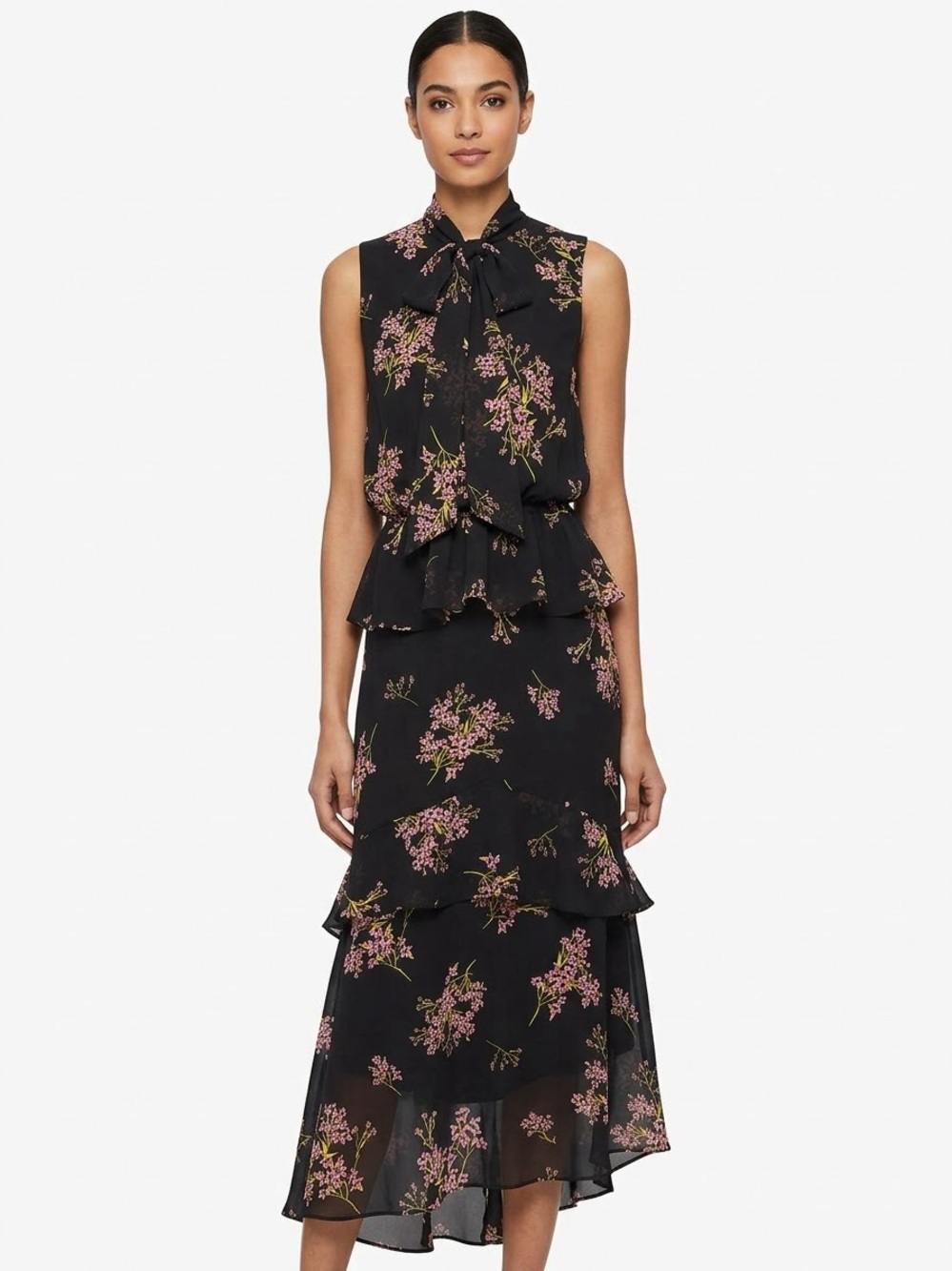 Who What Wear Black Floral Tie-Neck Ruffle Midi Dress with Pink Accents